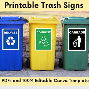 Paquete de letreros de basura imprimibles de Airbnb / Carteles de compost de reciclaje de basura / Casa de alquiler de vacaciones en PDF de basura / Plantilla Canva de señalización de Airbnb