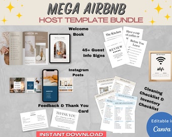 Modèle de pack d’hôtes MEGA Airbnb| Livre de bienvenue Airbnb| Signalisation Airbnb modifiable| Liste de contrôle de nettoyage Liste de contrôle d'inventaire | Modèles d'hôte VRBO