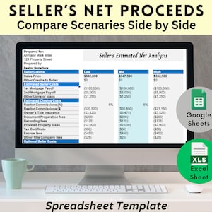 May include: A computer screen displaying a spreadsheet template for calculating a seller's net proceeds. The spreadsheet includes columns for low, mid, and high sale prices, as well as estimated seller costs and closing costs. The spreadsheet is titled "Seller's Estimated Net Analysis".