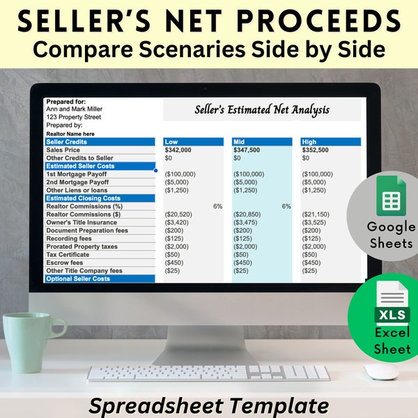 Seller's Net Sheet Spreadsheet | Seller Proceeds Excel Template | Real Estate Seller Estimated Net Proceeds  w Low and High Comparisons