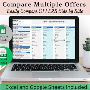 May include: A laptop computer screen displaying a spreadsheet comparing multiple real estate offers. The spreadsheet includes columns for offer price, earnest money, concessions, and deadlines. The spreadsheet is titled "Offer Comparative Summary". The image also includes icons for Google Sheets and Excel.
