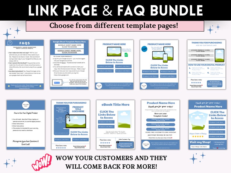 May include: A blue and white digital product link page and FAQ bundle template set. The templates feature a variety of designs with a blue background and white text. The text includes "Click the links below to access" and "Thank you for purchasing".