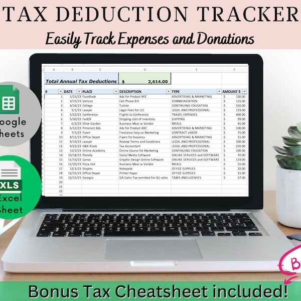 Tax Deduction Tracker Template for Excel & Google Sheets |Tax Deduction Spreadsheet | Small Business Tax Preparation Excel + Google Sheets