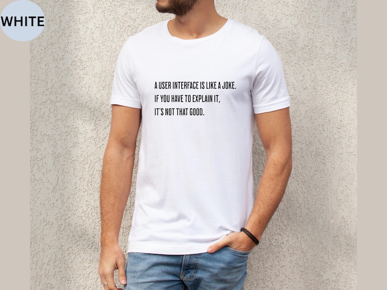 A man wearing a user interface coding shirt
