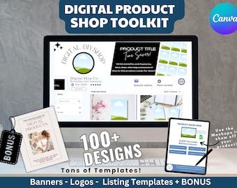 MEGA Etsy Digital Shop Kit Bundle | ALL-in-ONE Digital Etsy Shop Branding Kit w Digital Product Listing Mockups + Download Link Template
