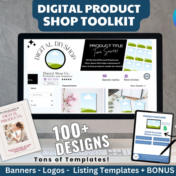MEGA Etsy Digital Shop Kit Bundle | ALL-in-ONE Digital Etsy Shop Branding Kit w Digital Product Listing Mockups + Download Link Template