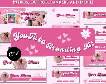 Pink DIY Youtube Branding Kit - Youtube Banner, Intro & Outro Designs, Thumbnails - Editable Canva Templates - Cute Retro Groovy Aesthetic