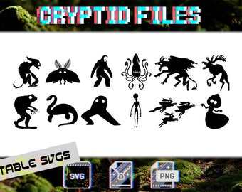 May include: A set of 12 black and white silhouette illustrations of cryptids, including the Mothman, Bigfoot, the Jersey Devil, and the Loch Ness Monster. The illustrations are labeled "Crypto Files" and "Printable SVGs".