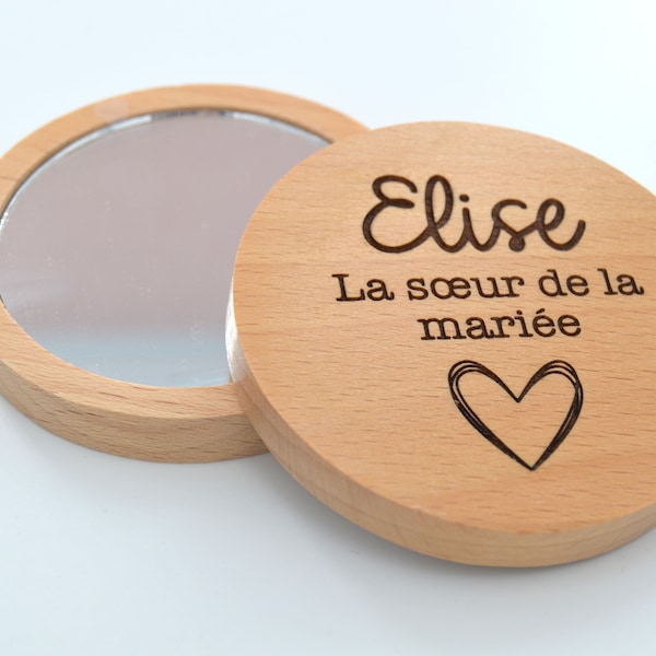 Miroir de poche en bois personnalisé avec gravure | Cadeau unique pour elle | mariage, demoiselle d'honneur, maman