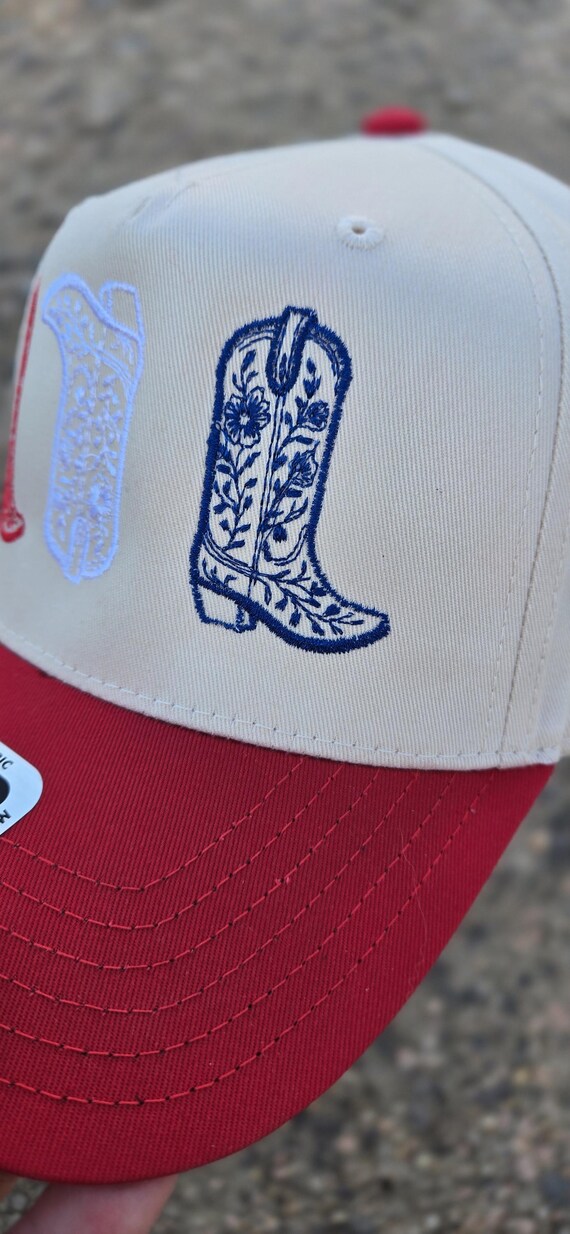 Red White Blue Cowboy Boot Trucker Hat – Patriotic Western  display picture 1