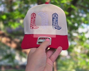 Red White Blue Cowboy Boot Trucker Hat – Patriotic Western Cap – Embroidered USA Cowboy Hat – 4th of July Hat – Country Americana Gift