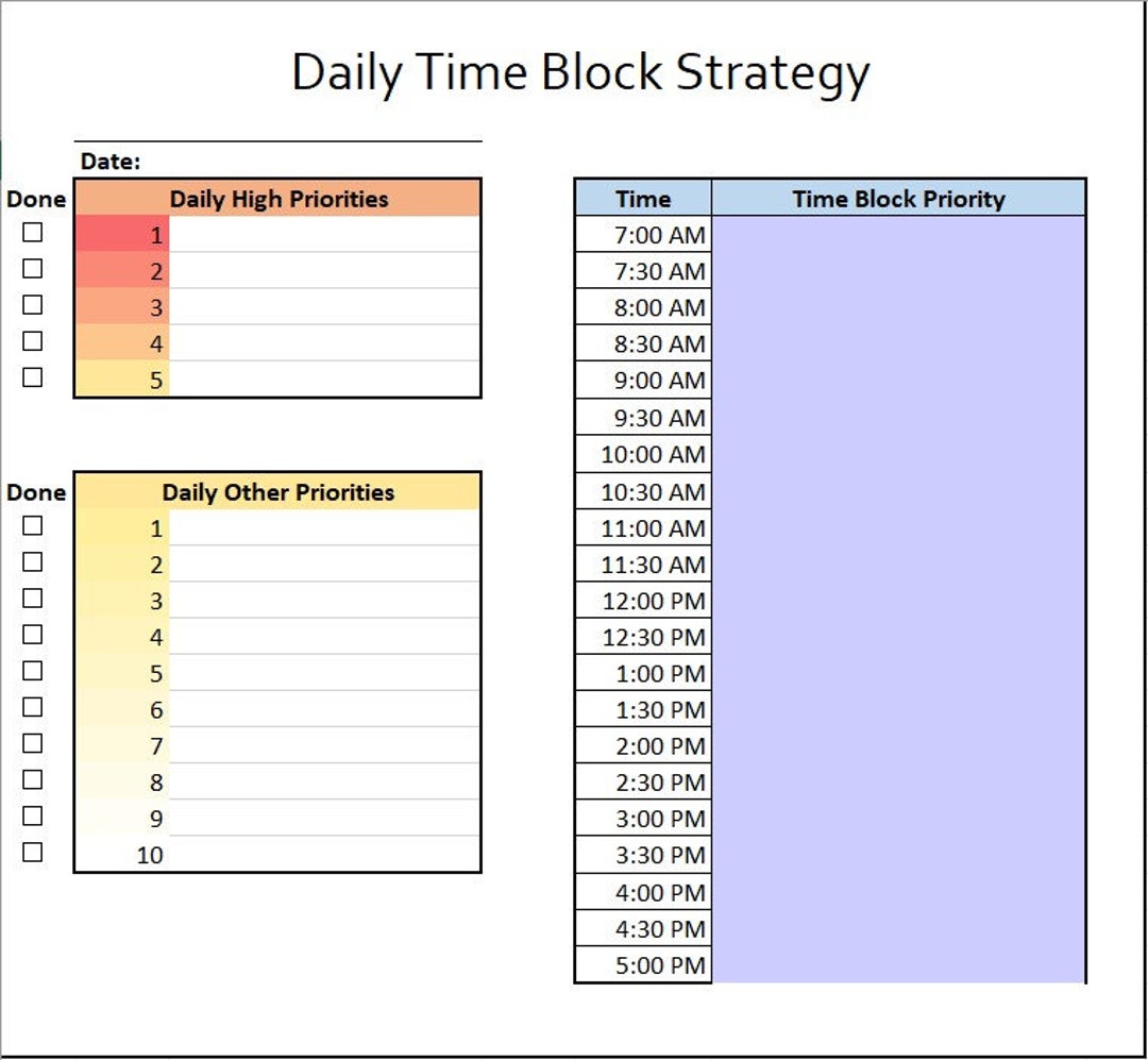 Excel Timeblock Template Etsy