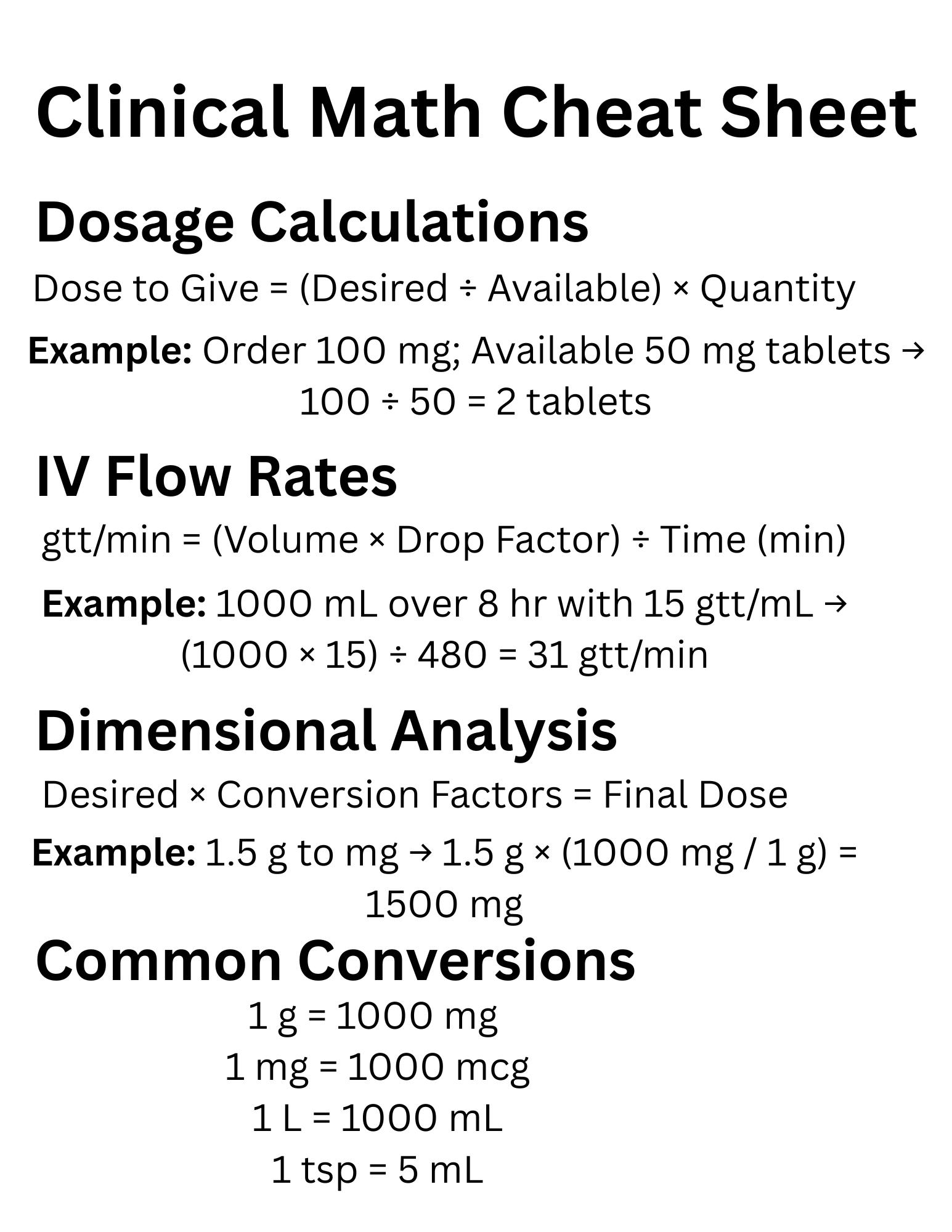 All Nursing Math Formulas Nursing Math Cheat Sheet | Dosage Calculations, IV Flow Rates ...