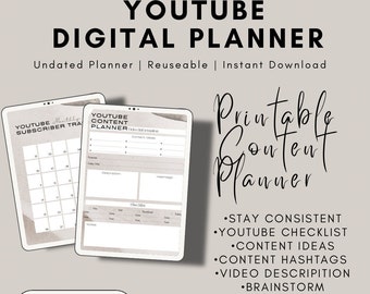 Digital YouTube Planner, Customizable SocialMedia Planner, Monthly Subscriber Tracker, Monthly Content Calendar, Instant Download, Printable