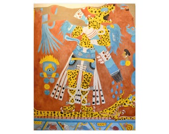 Puede incluir: Un mural colorido que representa una figura similar a un jaguar con marcas azules y amarillas. La figura lleva un tocado azul y amarillo y una falda azul y amarilla. El mural está pintado sobre un fondo rojo.