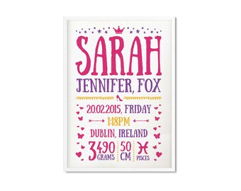 New Born Gift, Birth Stats Print For Girl, The Excellent Gift for the New Parents, Baby Shower or Kids Room Decor.