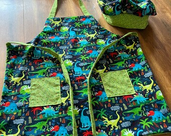 Dinosaur apron lined with matching hat