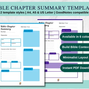 May include: Two printable Bible chapter summary templates in blue and purple. The templates include sections for the book, verse, date, genre, audience, plot point, key themes, and more. The text "Available in 6 colours", "Build Bible Context", "Minimalist Layout", and "Instant PDF Download" is also included.