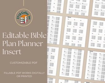 May include: An image of a beige-colored planner insert with the text "Editable Bible Plan Planner Insert." The insert features multiple pages with sections for titles, scripture, and notes. The logo for "3710 Collective" is in the upper left corner.