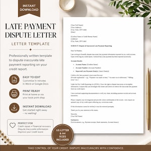 Peut inclure: Modèle de lettre de contestation de paiement en retard, disponible en téléchargement immédiat. Le document est conçu pour aider les utilisateurs à contester les rapports de paiement en retard inexacts sur leurs rapports de crédit. Comprend les formats US Letter et A4.