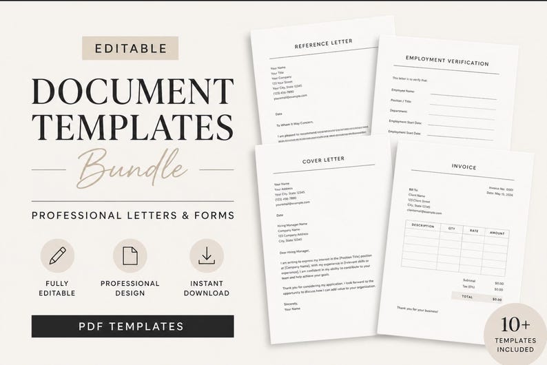 May include: A collection of editable document templates, including a reference letter, cover letter, employment verification form, and invoice. The templates are labelled "Professional Letters & Forms" and are fully editable with a professional design, available for instant download.