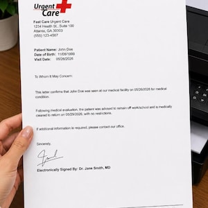 May include: A white medical document from Fast Care Urgent Care in Atlanta, GA. The letter includes the patient name John Doe, date of birth 11/08/1999, visit date 05/26/2026, and a statement clearing the patient to return to work or school on 05/29/2026.