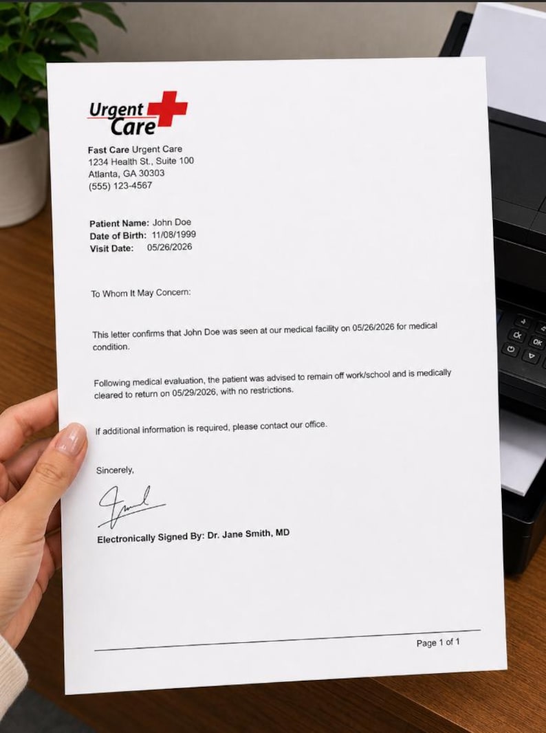 May include: A white document from Urgent Care with the patient's name, date of birth, and visit date. The document is signed by Dr. Jane Smith, MD. The document is on a wooden surface.