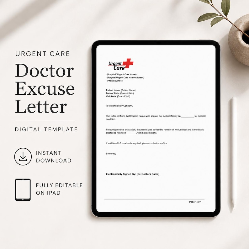 May include: A digital template for a doctor's excuse letter, displayed on a black tablet. The text includes "Urgent Care," "Doctor Excuse Letter," and "Digital Template." The letter is fully editable on an iPad and available for instant download.