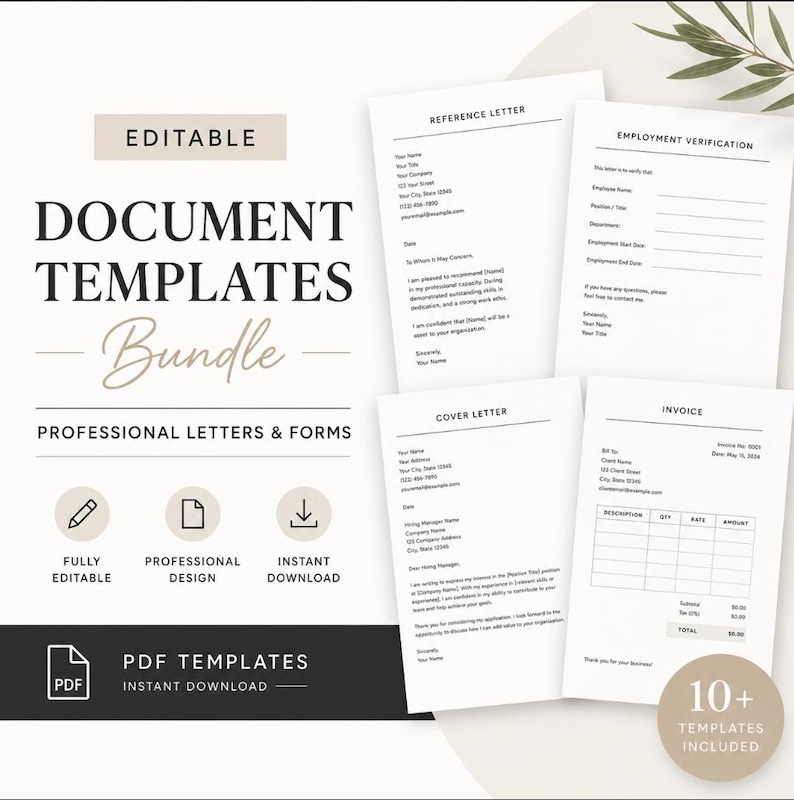 May include: A collection of document templates, including a reference letter, employment verification, cover letter, and invoice. The templates are fully editable, professionally designed, and available for instant download as PDF files. The bundle includes 10+ templates.