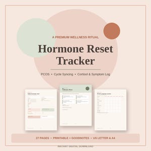 Può includere: Un pianificatore di benessere digitale Hormone Reset Tracker da 27 pagine. Il testo in copertina recita A PREMIUM WELLNESS RITUAL Hormone Reset Tracker PCOS Cycle Syncing Cortisol & Symptom Log. Include tre pagine di esempio per i registri.