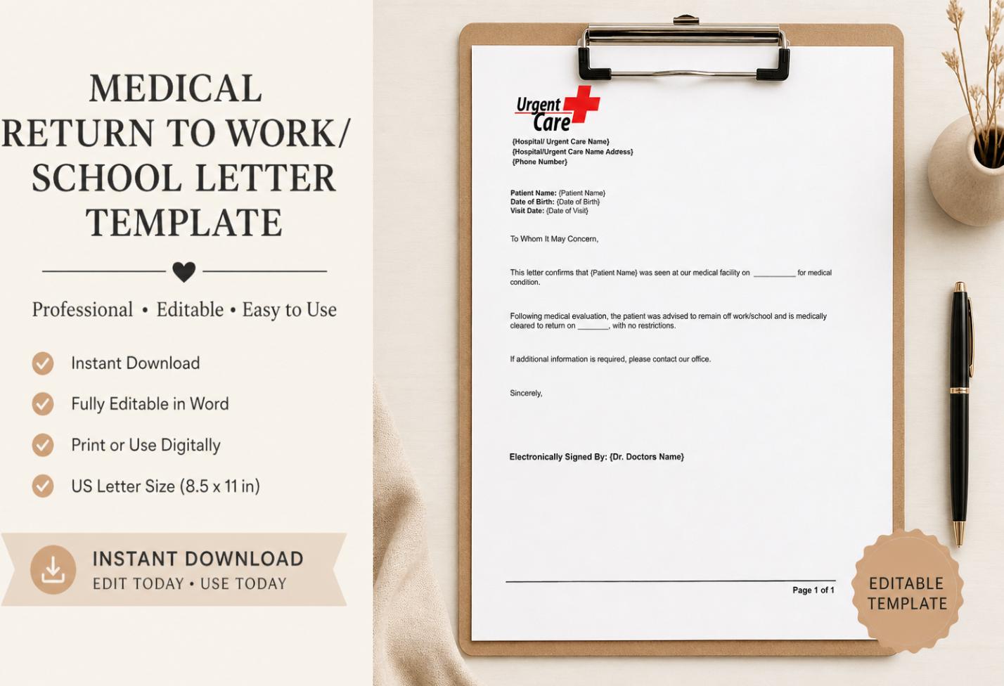 Doctor's Note for Work or School | Same Day Medical Excuse (PDF) - Etsy