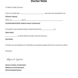 May include: A white Doctor Note template with the title "Doctor Note" at the top. The document includes fields for patient information, dates, and a medical leave recommendation. The text is in black.