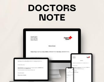 May include: A digital template for a doctor's note displayed on a desktop monitor, a laptop screen, a tablet, and a smartphone. The documents feature the text Urgent Care with a red cross logo, Hospital Name, and fields for patient information.