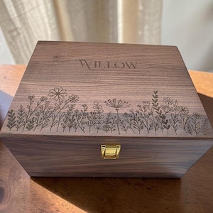 Personalized Wildflower Design Keepsake Box, Engraved Pine or Walnut Wooden Memory Gift