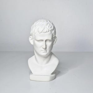 May include: A white bust of a man with short, curly hair and a stern expression. The sculpture is a classical style, with a detailed depiction of the face and neck. The bust sits on a rectangular base.