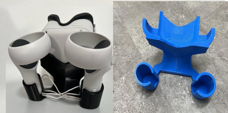 May include: A VR headset and controllers are displayed on a black and white stand. A separate blue stand is also shown. The VR headset is white and black, with white controllers. The blue stand is designed to hold the VR headset and controllers.