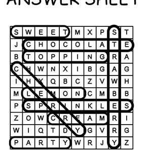 May include: A black and white word search puzzle with the title "Answer Sheet" and the words "Sweet", "Chocolate", "Topping", "Cherry", "Strawberry", "Lemon", "Party", and "Sprinkles".