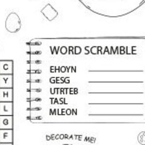 May include: A black and white printable worksheet with a word scramble activity. The words to unscramble are: EHOYN, GESG, UTRTEB, TASL, MLEON. The worksheet also includes a word search puzzle with the letters A, M, C, E, F, Y, N, S, H, E, C, L, N, R, G, G, H, F.