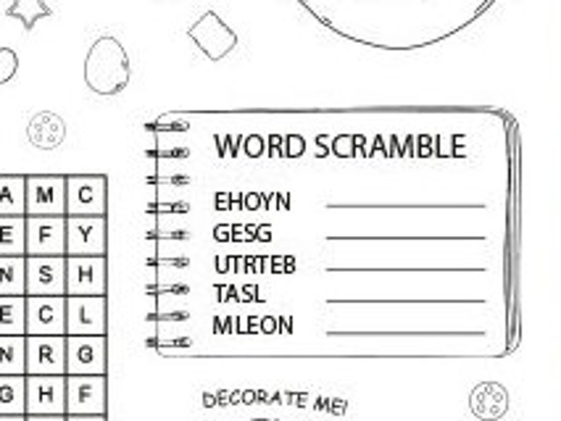 May include: A black and white printable worksheet with a word scramble activity. The words to unscramble are: EHOYN, GESG, UTRTEB, TASL, MLEON. The worksheet also includes a word search puzzle with the letters A, M, C, E, F, Y, N, S, H, E, C, L, N, R, G, G, H, F.