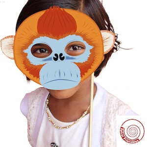 Puede incluir: Un niño sostiene una máscara de mono de papel frente a su cara. La máscara es naranja y marrón con una cara azul y ojos negros. La máscara está unida a un palo.