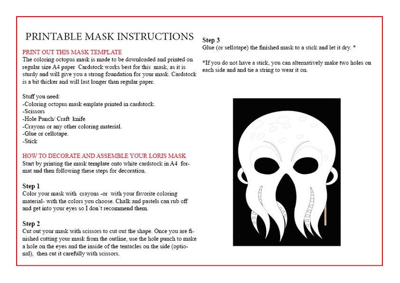 Peut inclure: Instructions imprimables pour la fabrication d'un masque de poulpe. Les instructions comprennent une liste des mat&eacute;riaux n&eacute;cessaires, tels que du carton, des ciseaux et de la colle. Les instructions comprennent &eacute;galement des &eacute;tapes sur la fa&ccedil;on de colorier, de d&eacute;couper et d'assembler le masque. L'image comprend &eacute;galement un contour noir et blanc du masque de poulpe.