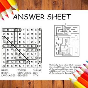 Coloring placemat Tower of Babel Educational printables Homeschool worksheets Bible study Bible stories Word search image 2