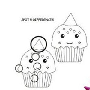 May include: A black and white illustration of two cupcakes with frosting and sprinkles. The cupcakes have happy faces and one has a party hat. The text "SPOT 5 DIFFERENCES" is at the top of the image.