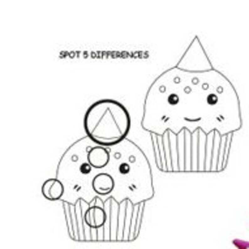 May include: A black and white illustration of two cupcakes with frosting and sprinkles. The cupcakes have happy faces and one has a party hat. The text "SPOT 5 DIFFERENCES" is at the top of the image.