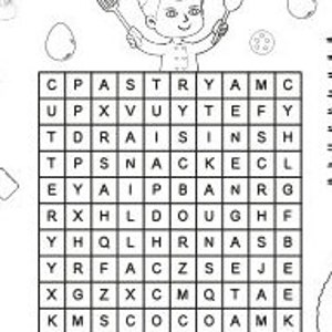 May include: A black and white word search puzzle with a chef illustration. The puzzle features words related to baking and cooking, such as dough, jam, cutter, vanilla, cocoa, snack, raisins, pastry, and crunch.