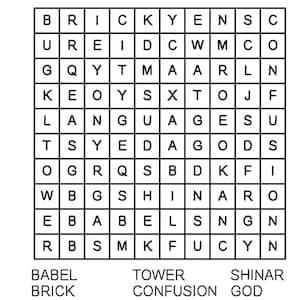 Coloring placemat Tower of Babel Educational printables Homeschool worksheets Bible study Bible stories Word search image 5