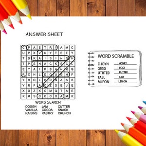 May include: A black and white printable worksheet with a word search and word scramble puzzle. The word search features words related to food and baking, such as "pastry", "raisins", and "dough". The word scramble features words like "honey", "eggs", and "butter".