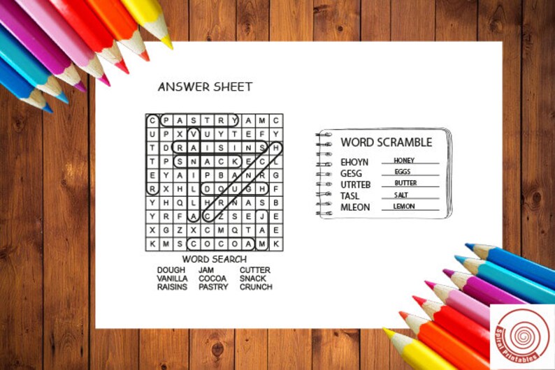 May include: A black and white printable worksheet with a word search and word scramble puzzle. The word search features words related to food and baking, such as "pastry", "raisins", and "dough". The word scramble features words like "honey", "eggs", and "butter".