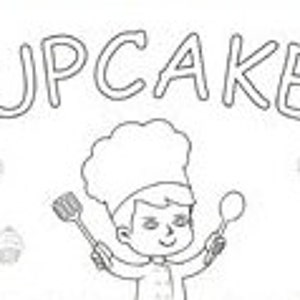 May include: A black and white line drawing of a chef holding two spoons and a spatula. The chef is wearing a hat and has a smile on their face. The word "CUPCAKES" is written in large letters above the chef. There are also drawings of cupcakes, spoons, and bags of flour.