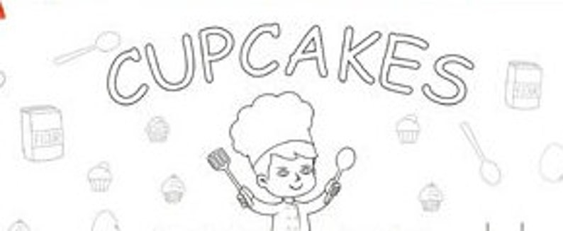 May include: A black and white line drawing of a chef holding two spoons and a spatula. The chef is wearing a hat and has a smile on their face. The word "CUPCAKES" is written in large letters above the chef. There are also drawings of cupcakes, spoons, and bags of flour.